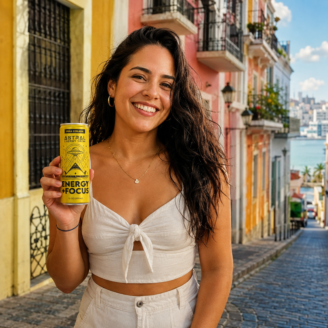 Astral Energy Drink photographed on a colorful street in Old San Juan, Puerto Rico
